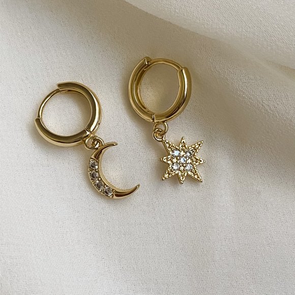 Gold S925 Northern Star Moon Huggie Hoop Earrings - Picture 6 of 9